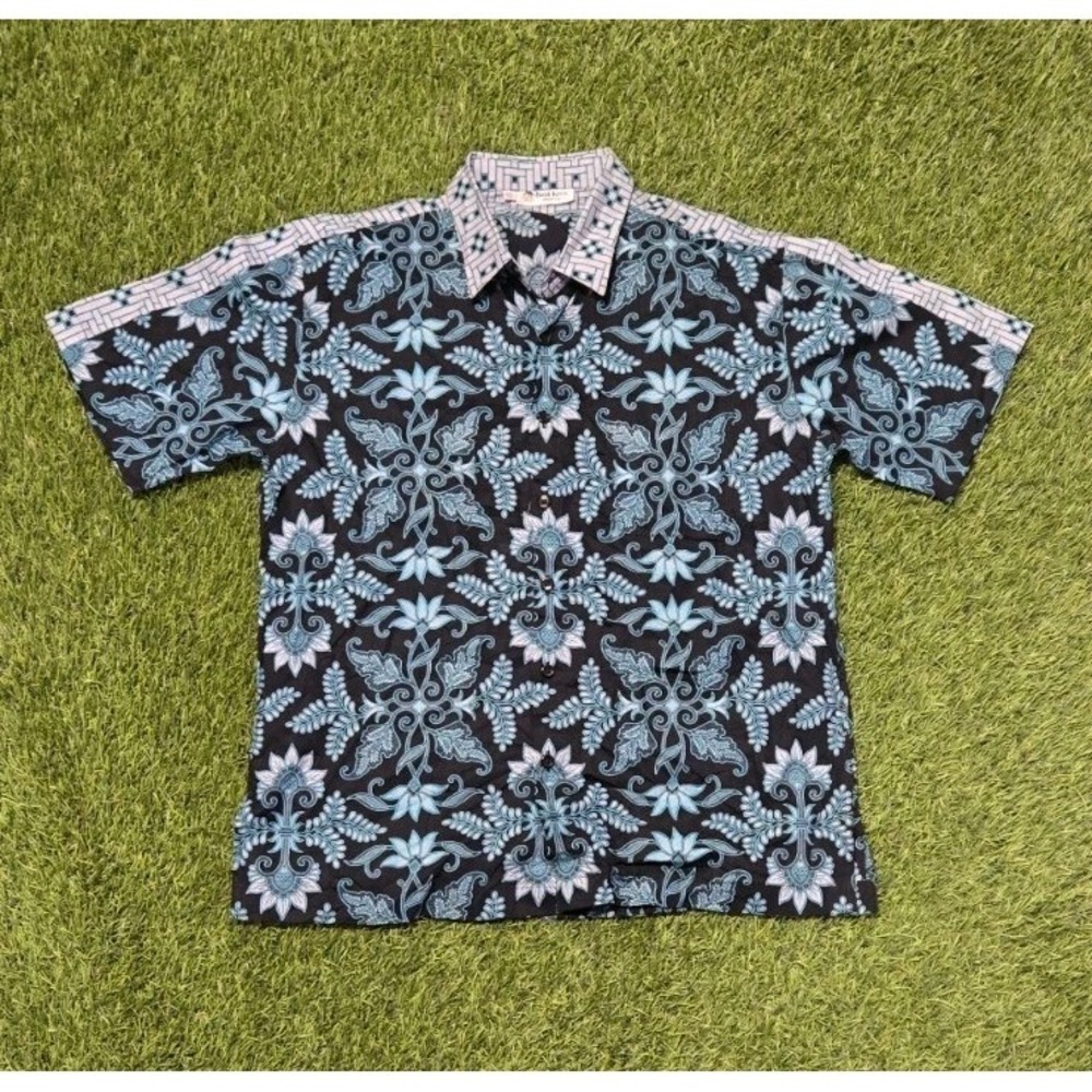 Batik Keris Indonesia Shirt Kids 3XL Short Sleeve Blue Black Floral Cotton Top